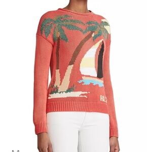 RARE Polo Ralph Lauren Cotton Regatta Sailboat Sweater Palm Trees Small Tropical